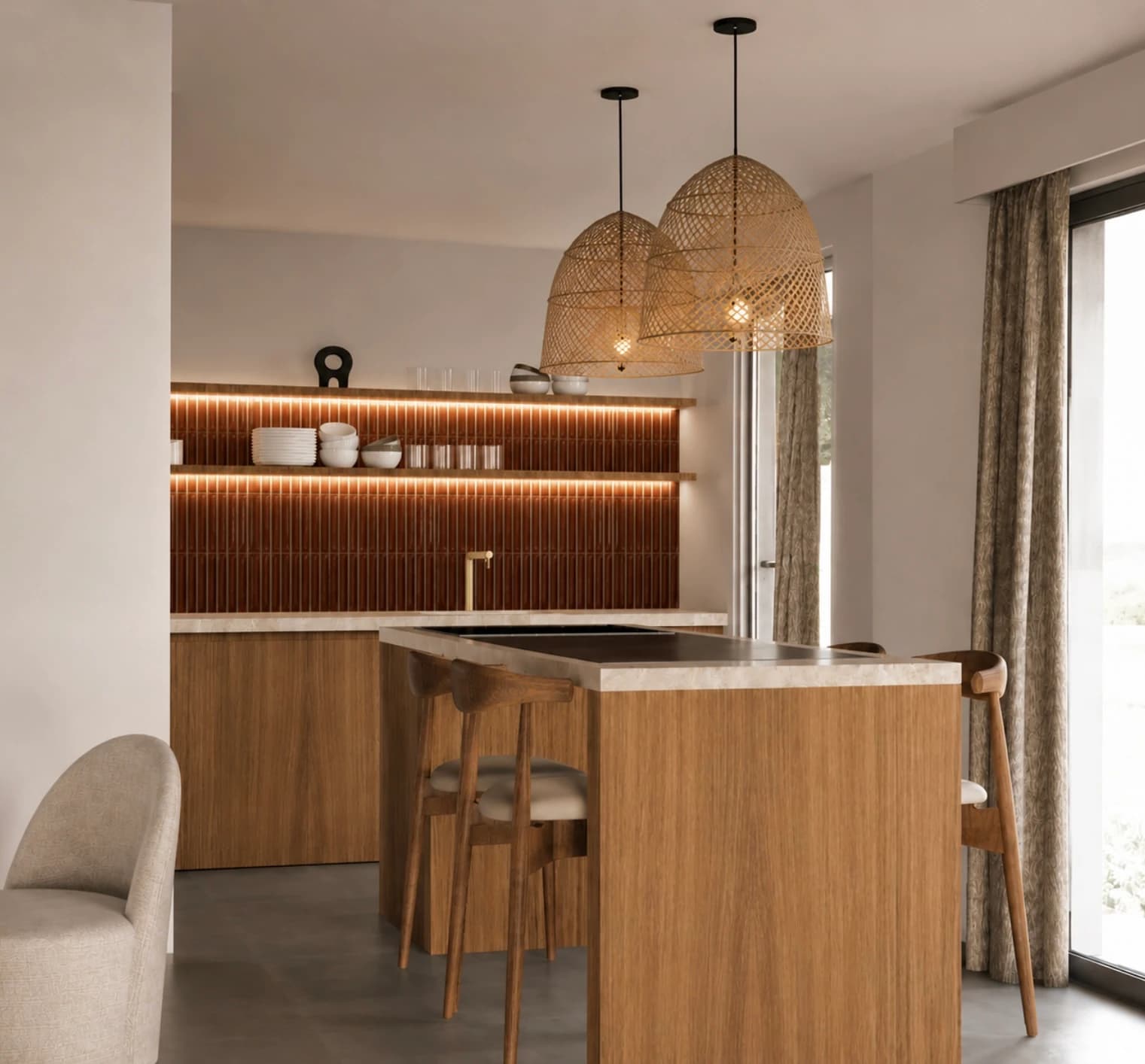 Vue 3D d'une cuisine avec îlot en chêne, suspensions en fibres tressées et crédence terracotta, duplex à Anglet