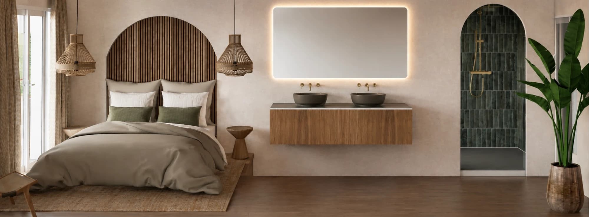 Vue 3D d'une suite parentale ouverte sur la salle de bains, tête de lit en arche et douche en carrelage vert profond, duplex à Anglet