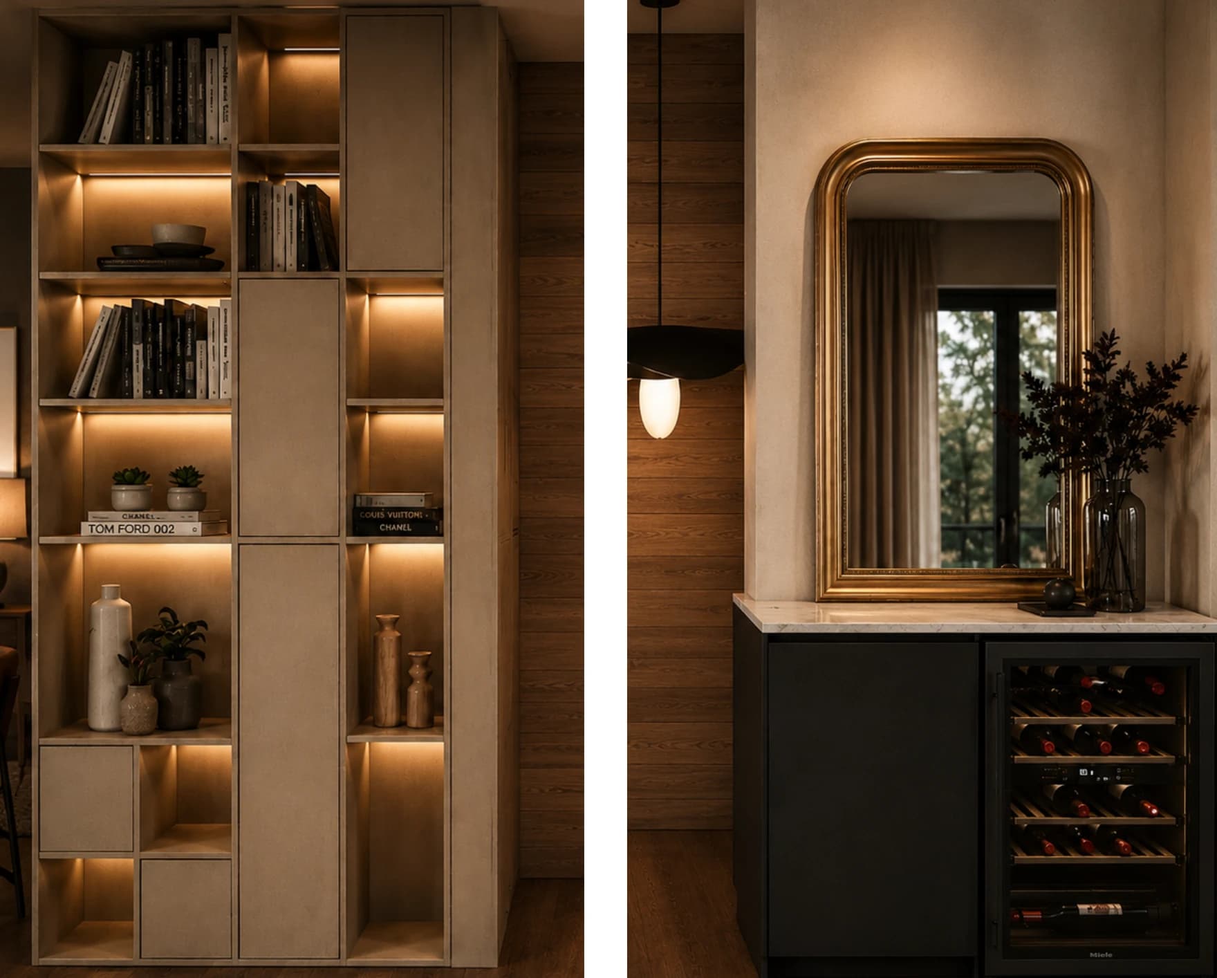 Vue 3D d'une bibliothèque sur mesure rétroéclairée et d'une cave à vin sous miroir doré, chalet dans les Aravis