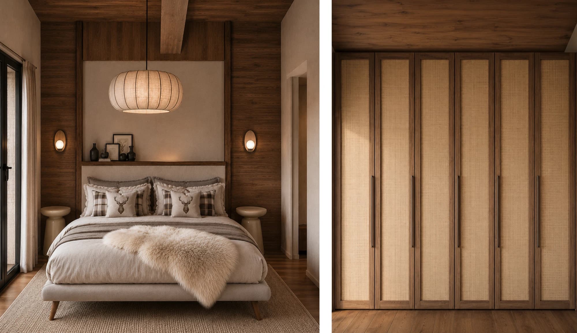 Vue 3D d'une chambre de chalet avec tête de lit en bois et d'un dressing toute hauteur aux façades en cannage, Aravis