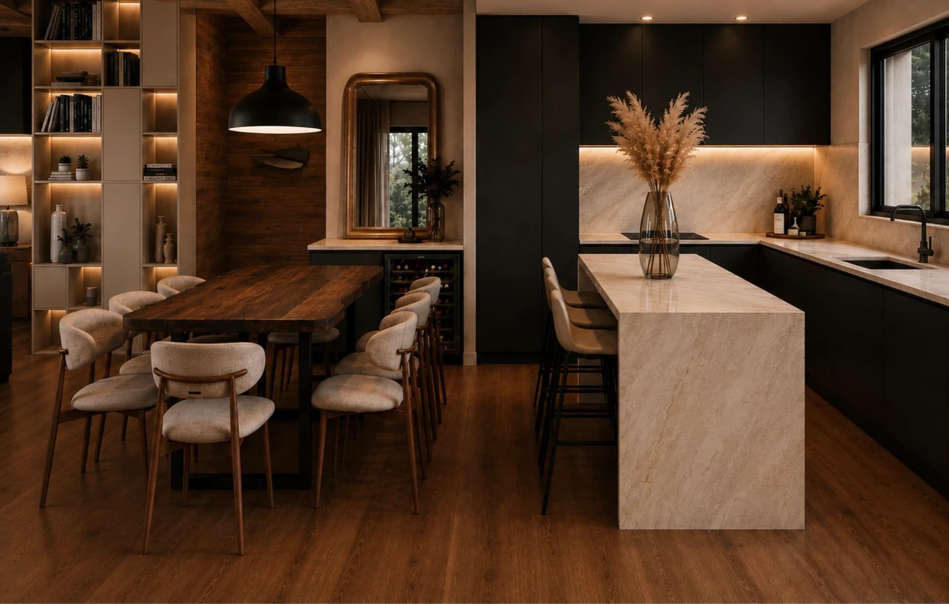 Vue 3D d'une cuisine noire avec îlot en pierre claire veinée et table en bois pour recevoir, chalet dans les Aravis