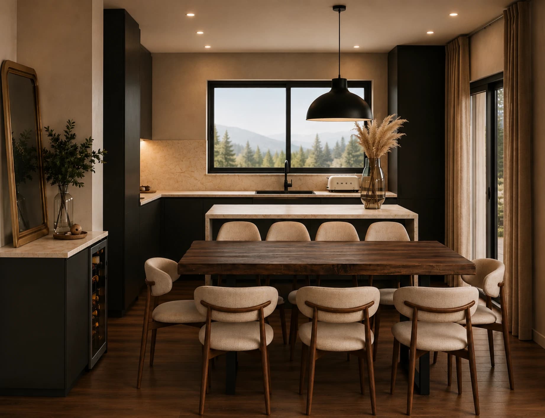 Vue 3D de la salle à manger d'un chalet, grande table en bois et cuisine noire ouverte sur la montagne, Aravis