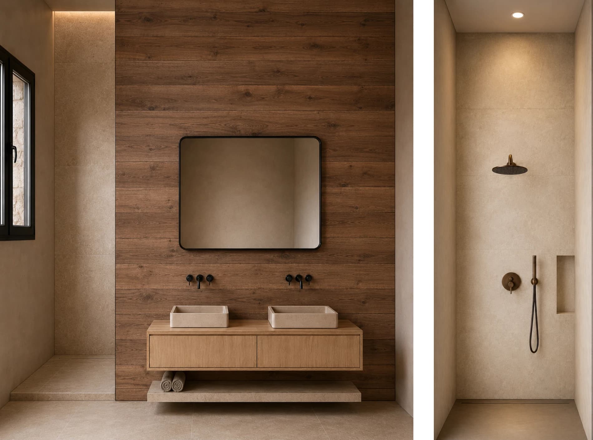 Vue 3D d'une salle de bains de chalet, double vasque suspendue sur mur en bois et douche minérale, Aravis
