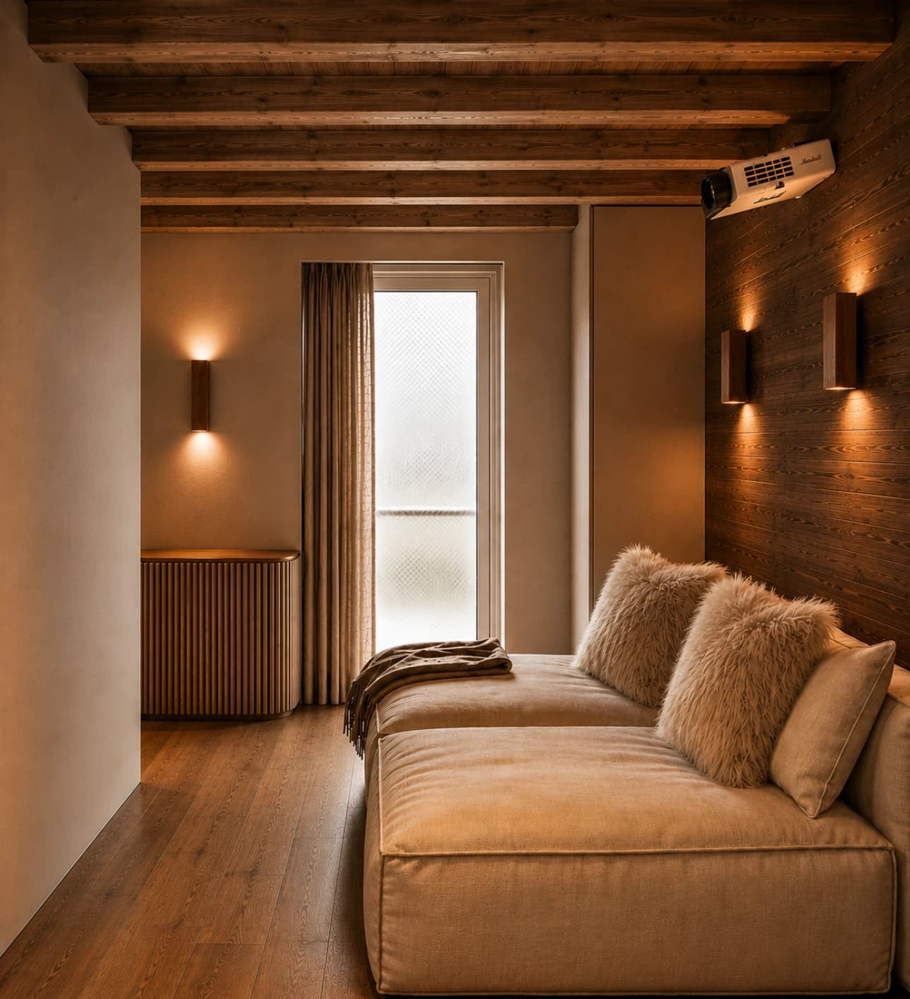 Vue 3D d'un salon de télévision sous poutres apparentes, banquette profonde et appliques, chalet dans les Aravis