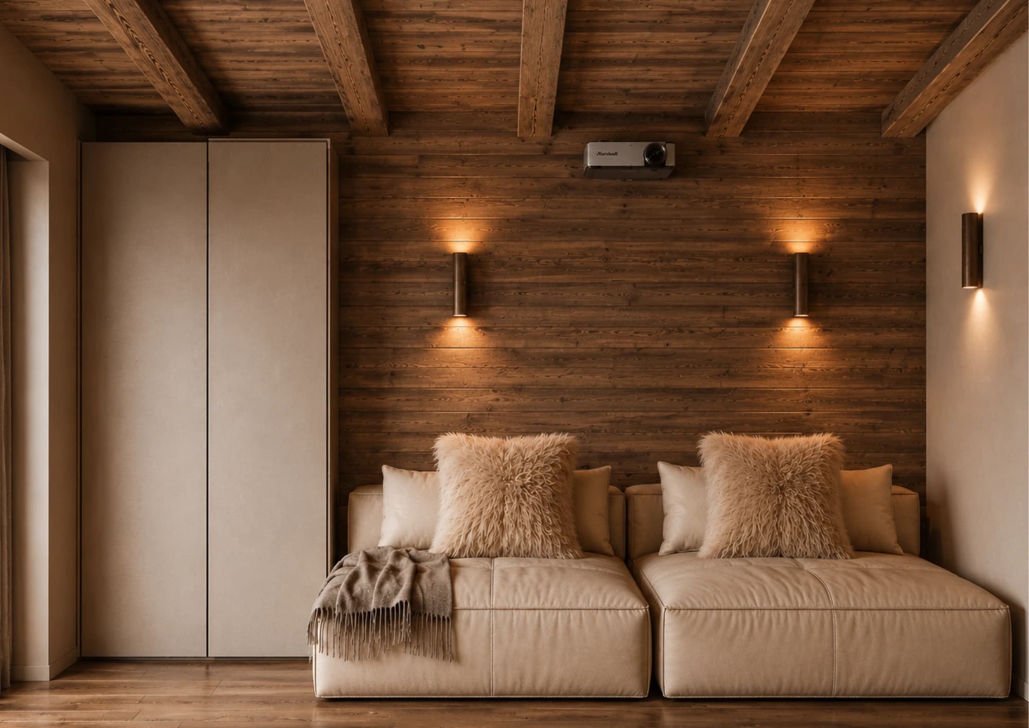 Vue 3D du salon de télévision d'un chalet, mur en bois, appliques murales et banquette, Aravis
