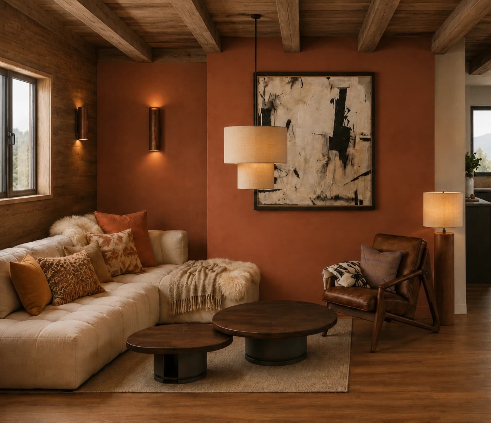 Vue 3D d'un séjour de chalet avec mur terracotta, canapé généreux et tables basses en bois sombre, Aravis