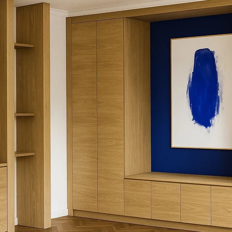 Vue 3D de rangements toute hauteur en chêne et d'une niche bleu profond avec assise, appartement à Paris 8ᵉ