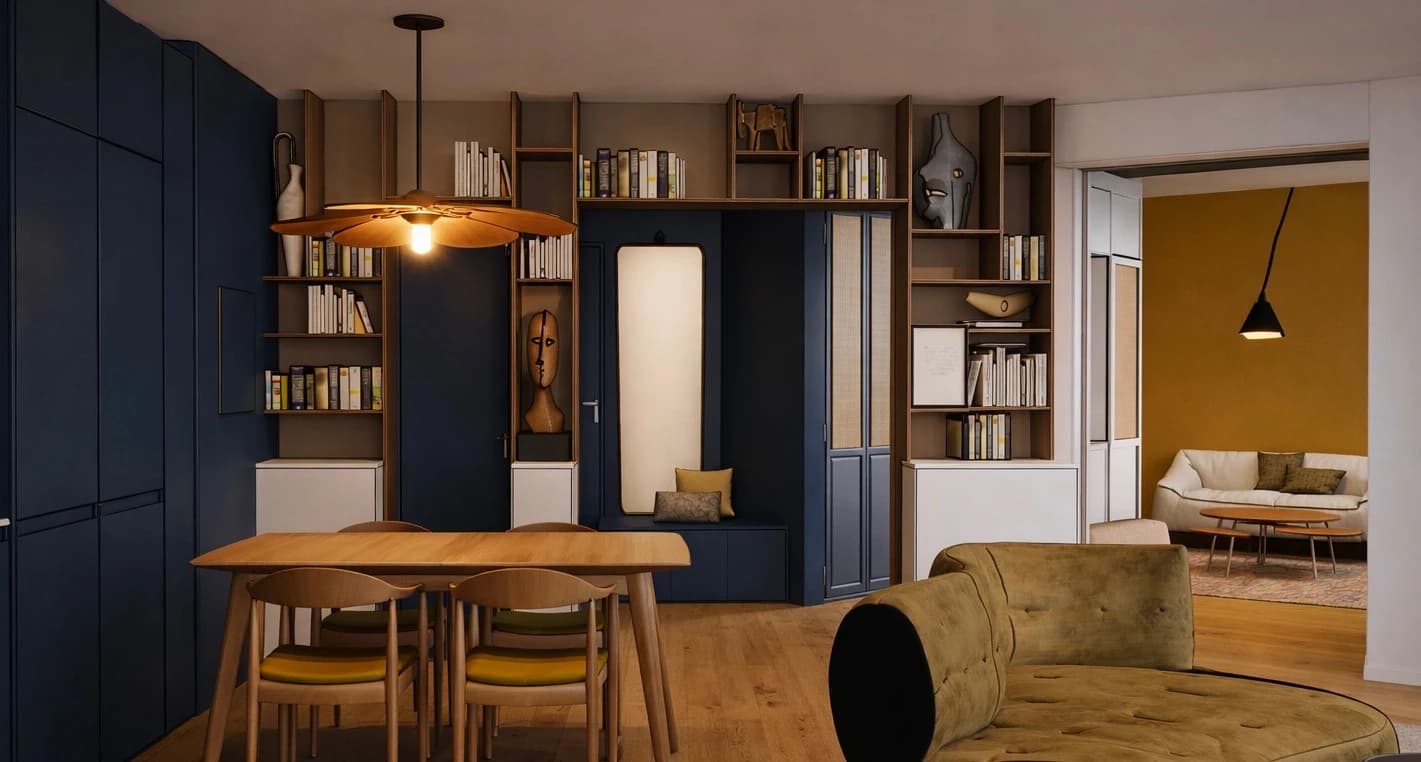 Vue 3D d'une salle à manger devant une bibliothèque sur mesure, ouverte sur un salon annexe aux murs ocre, appartement à Vincennes
