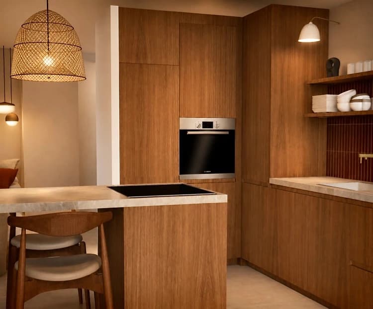 Vue 3D d'une cuisine en bois avec four encastré, comptoir en pierre et suspension tressée, duplex à Anglet