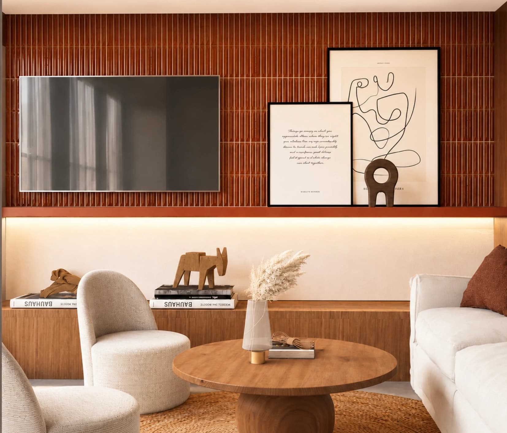 Vue 3D d'un séjour avec meuble télé sur mesure, mur de faïence terracotta et éclairage indirect, duplex à Anglet